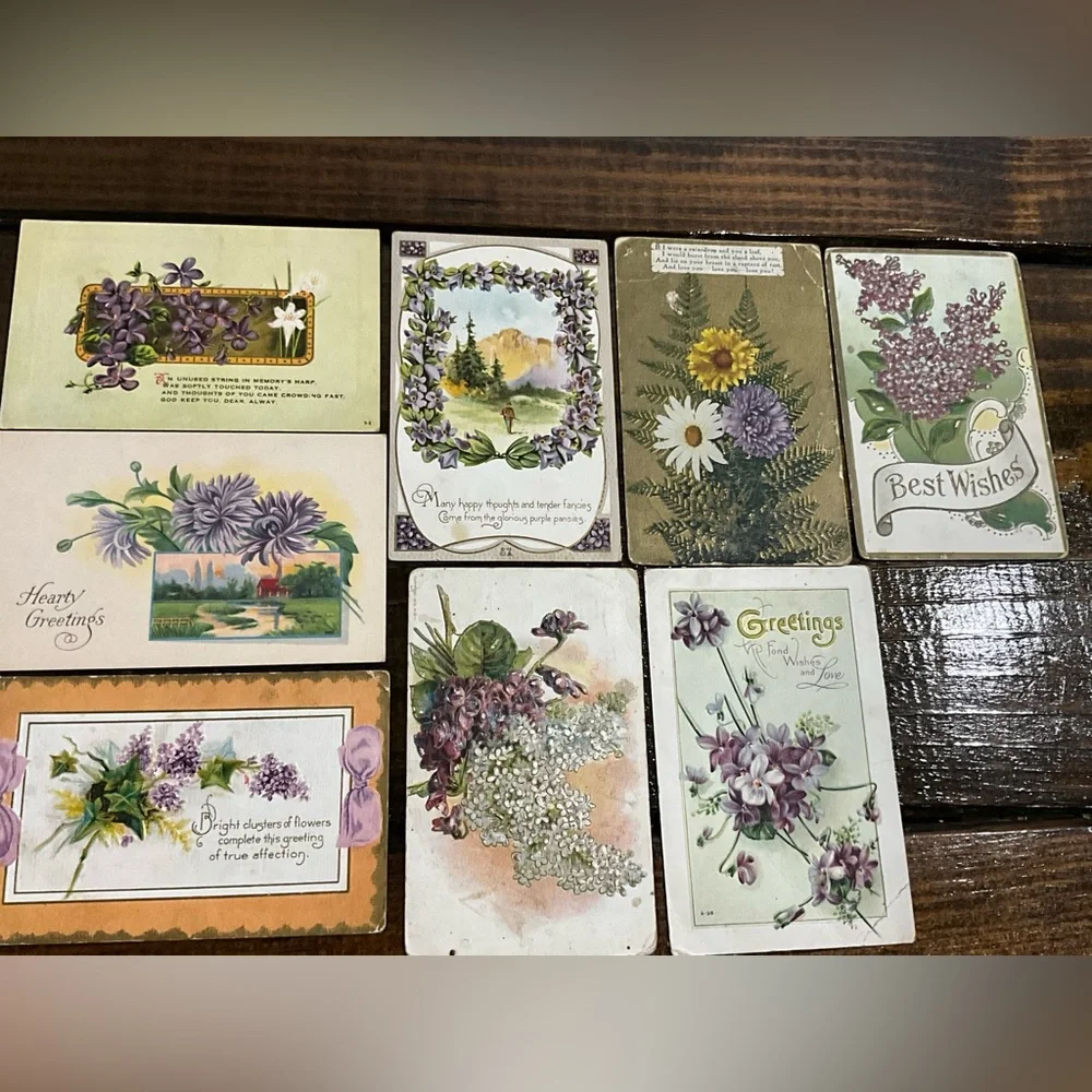 Antique Lot of 8 Assorted Purple Flower Postcards Best Wishes Greetings